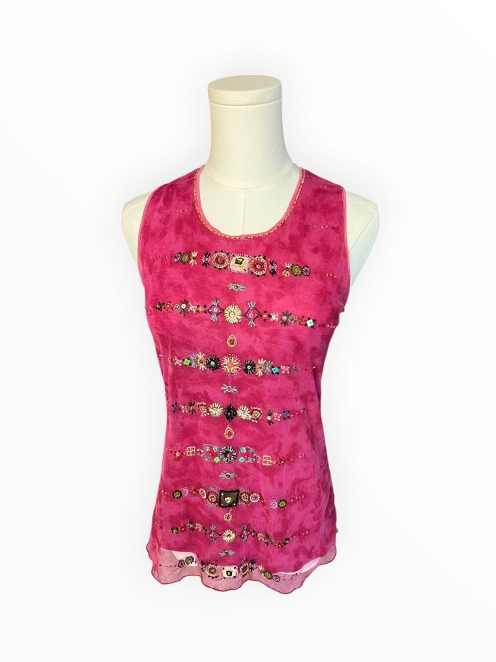 Vintage Cynthia Steffe 90s Hand Beaded Embroidered Raspberry Mesh Tank Top S